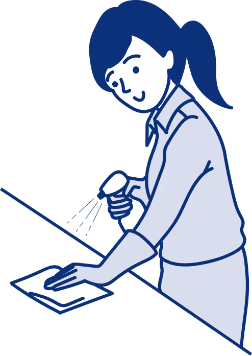 清掃用スプレーと布で作業する女性のイラスト