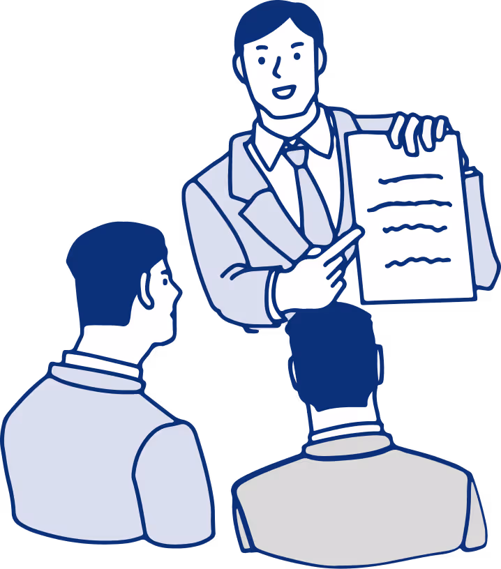 書類を示しながら説明する人物と話を聞く人物のイラスト